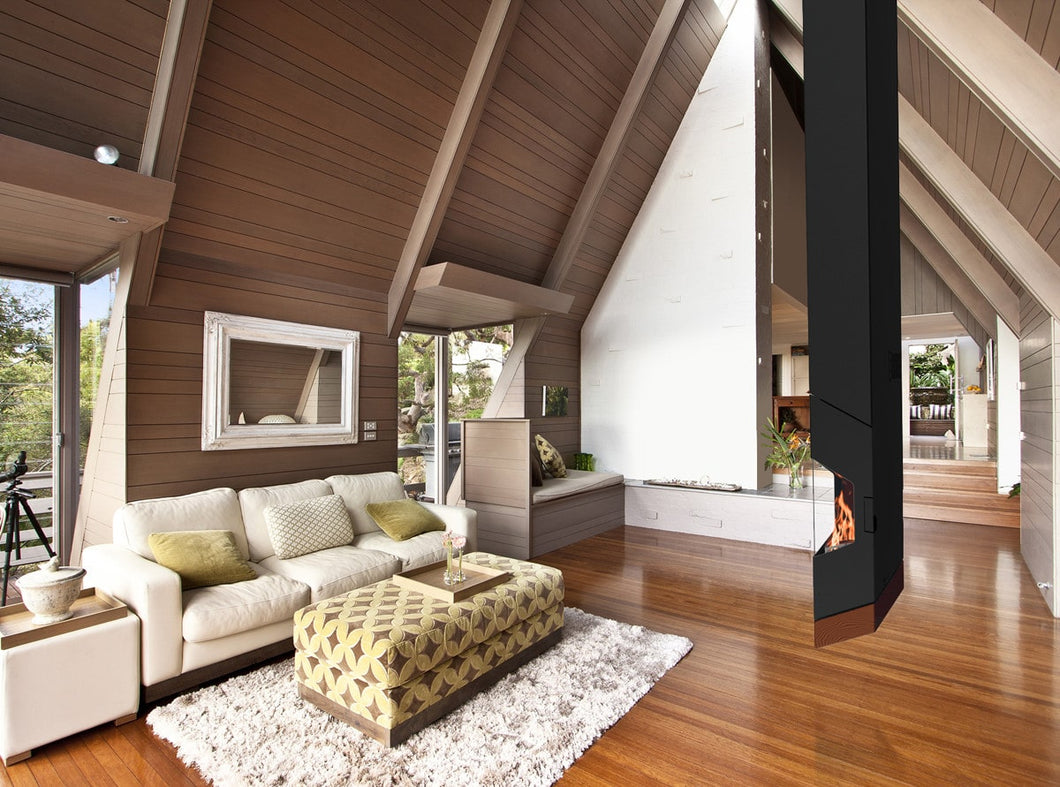 Hängecheminée eckig FlamaquARTz freihängend Nussbaum